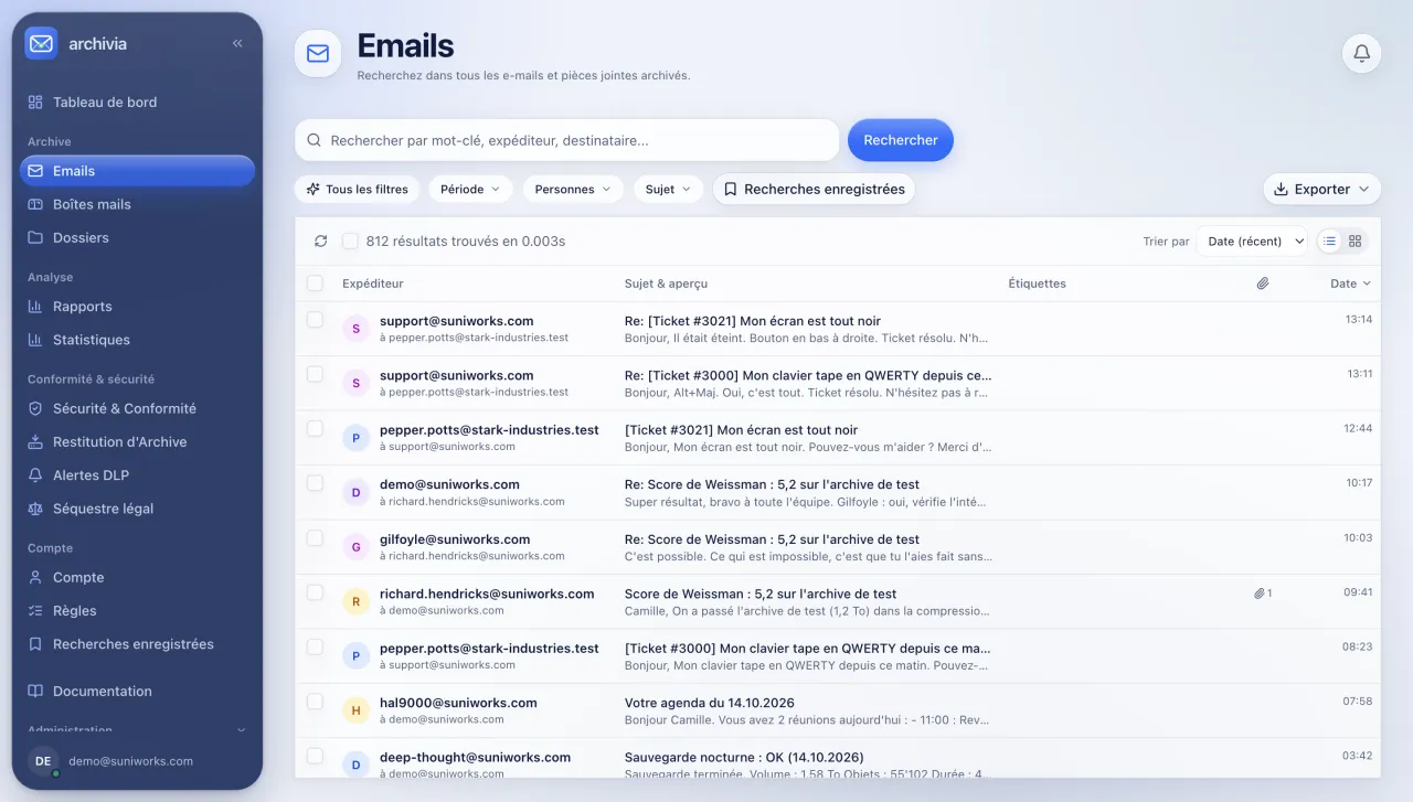 L’écran Emails d’Archivia : la recherche par mot-clé, expéditeur ou destinataire, les filtres et la liste des messages archivés.