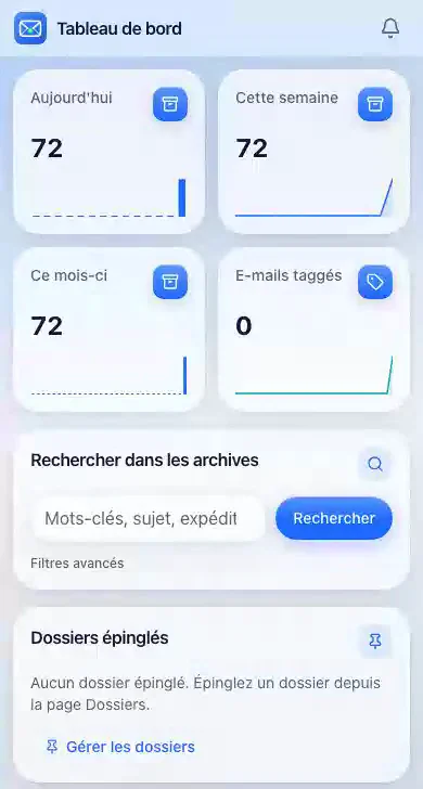 Le tableau de bord d’Archivia sur téléphone, avec la recherche dans les archives.